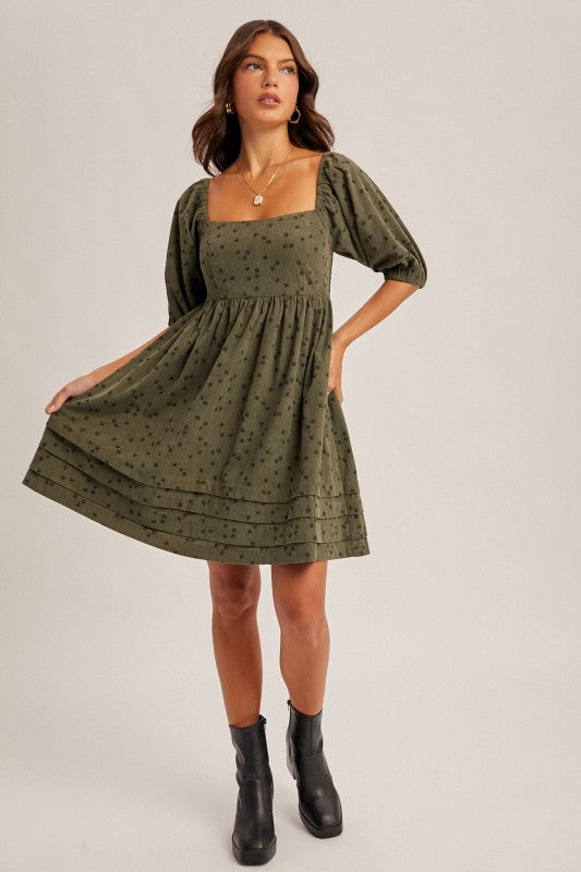 Floral Corduroy Puff Sleeve Dress
