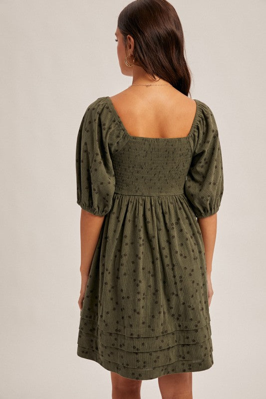 Floral Corduroy Puff Sleeve Dress
