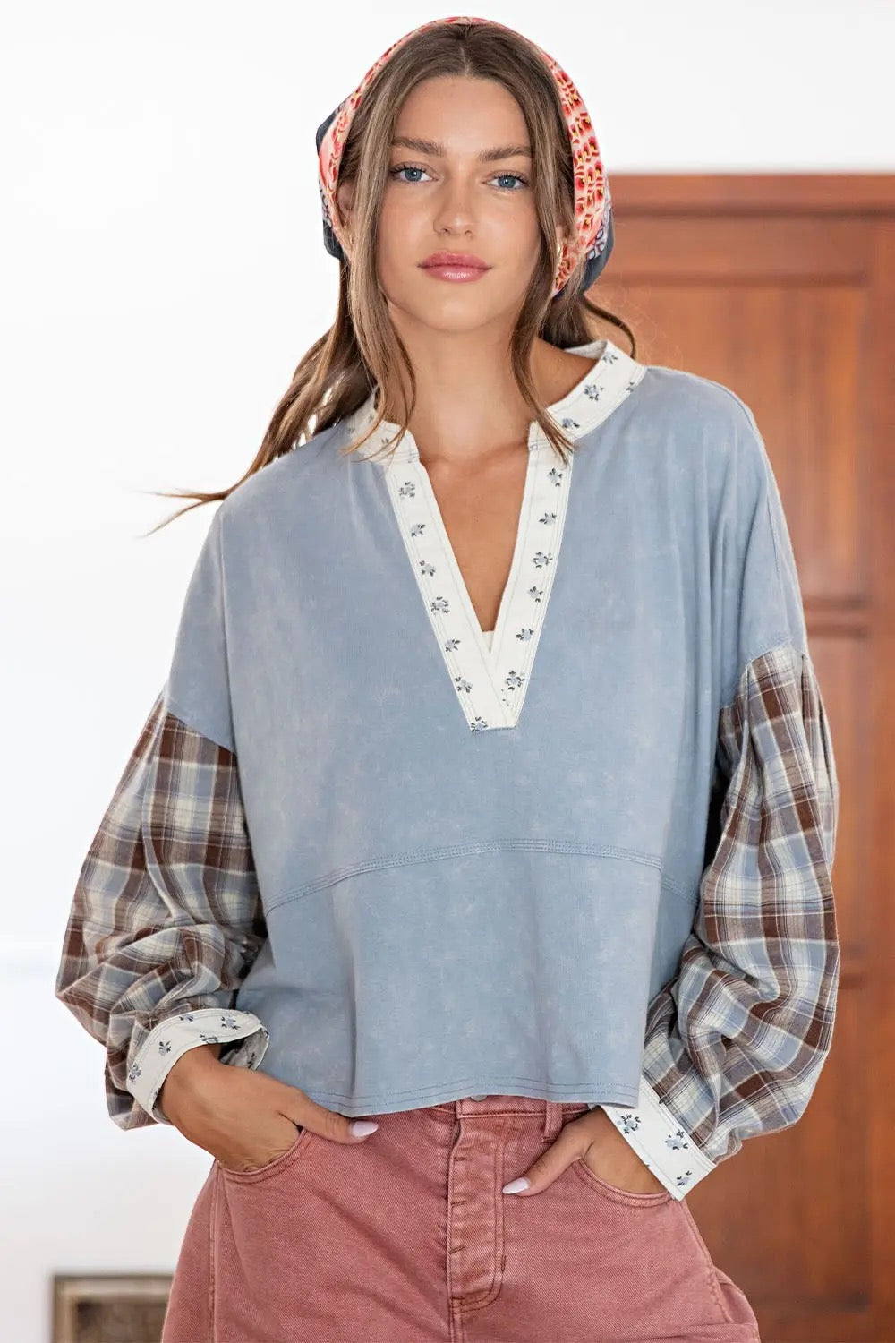 Mineral Washed Floral Trim Plaid Contrast Top