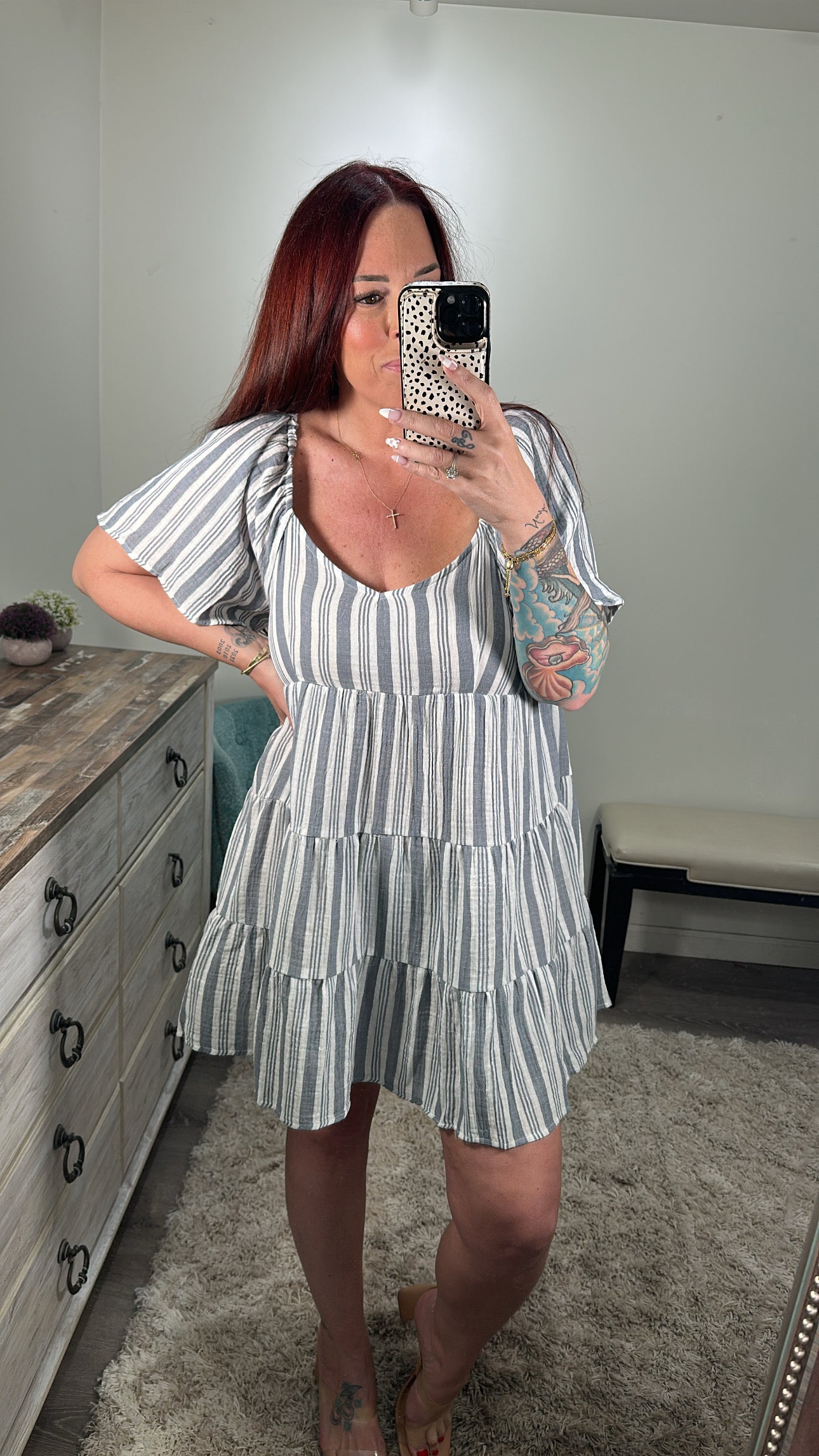 Blue & White Striped Flutter Sleeve Dress