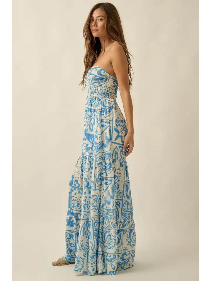 Blue Printed Strapless Jumpsuit