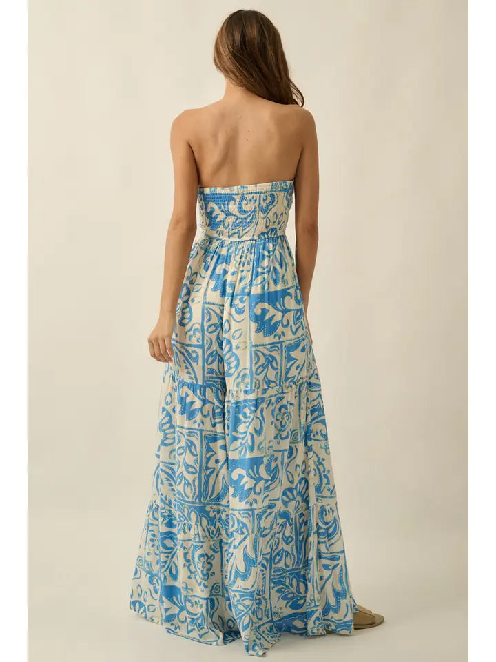 Blue Printed Strapless Jumpsuit