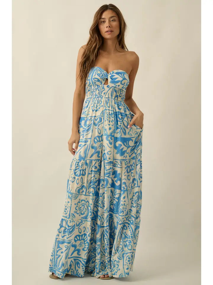 Blue Printed Strapless Jumpsuit