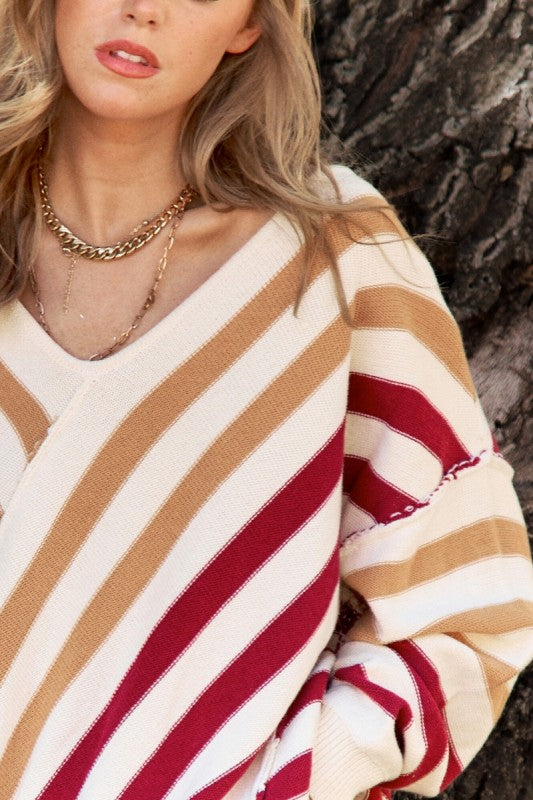 Diagonal Stripe Vneck Long Sleeve Sweater