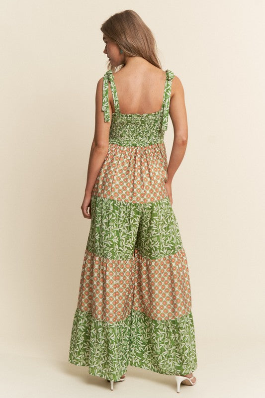 Multi Pattern Smocked Wide Leg Jumpsuit
