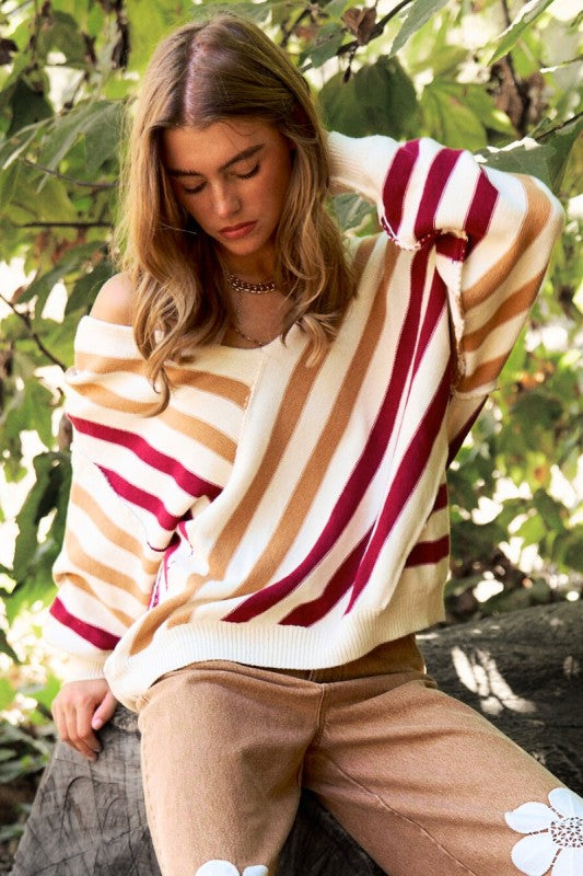 Diagonal Stripe Vneck Long Sleeve Sweater