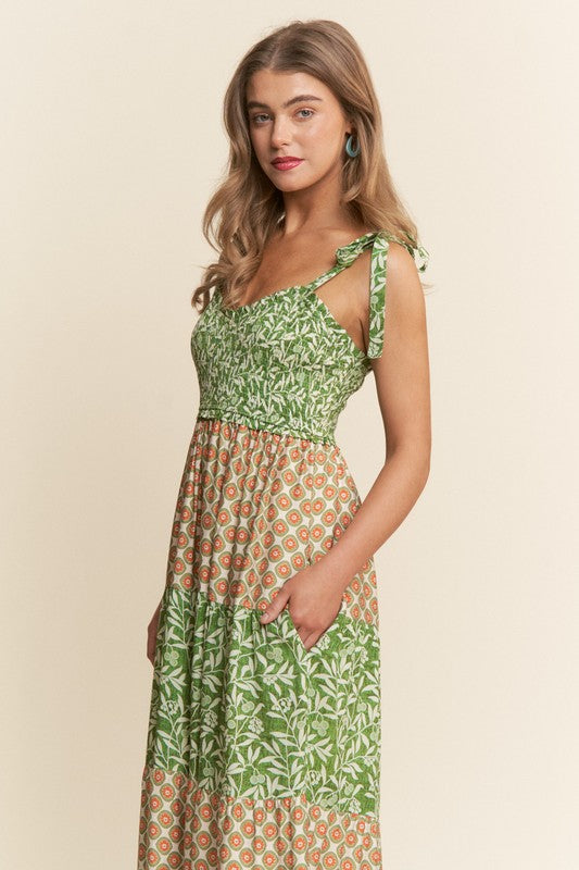 Multi Pattern Smocked Wide Leg Jumpsuit