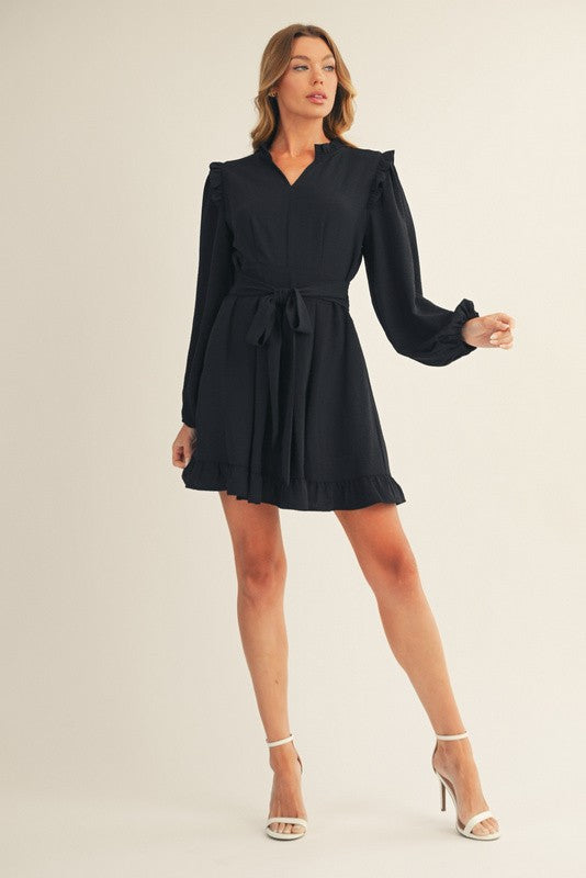 Ruffle Detail Front Pleated Solid Dress