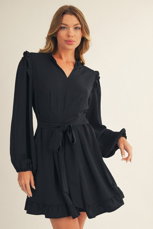 Ruffle Detail Front Pleated Solid Dress