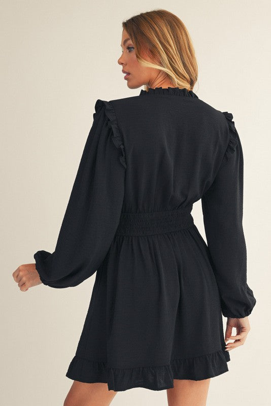 Ruffle Detail Front Pleated Solid Dress