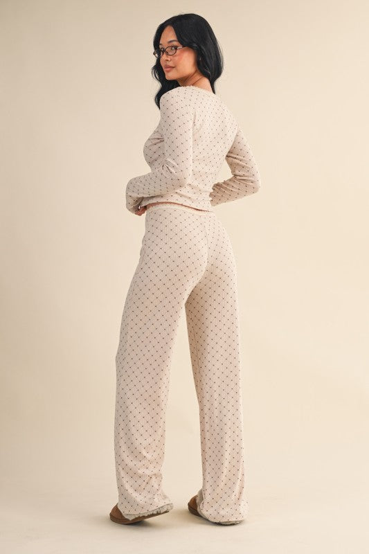 Heart Print Pointelle Lounge Set with Lace Trim