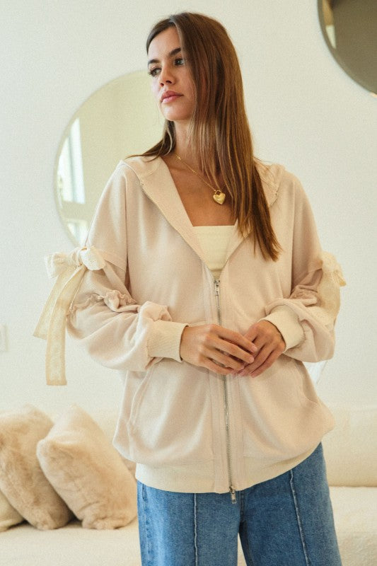 Lace Tie Zip Up Hoodie With Pockets - Oatmeal
