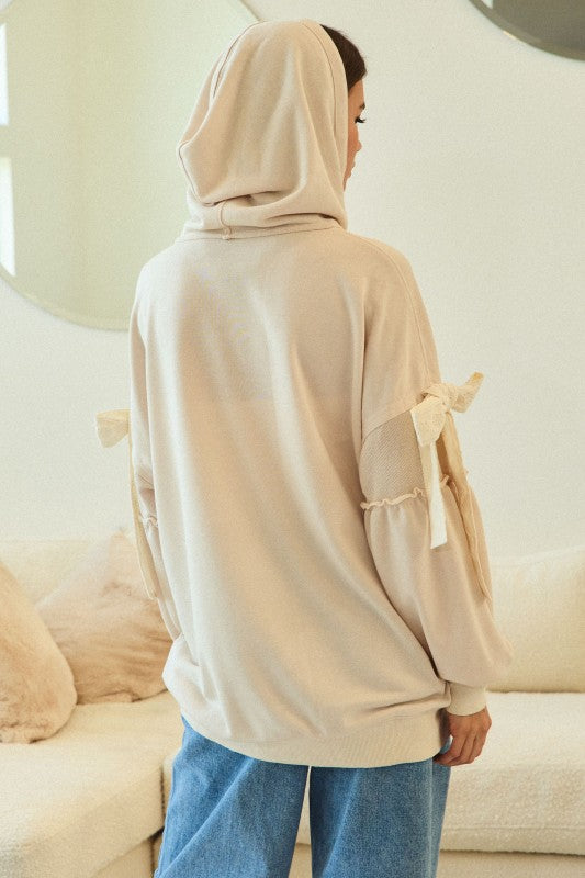 Lace Tie Zip Up Hoodie With Pockets - Oatmeal