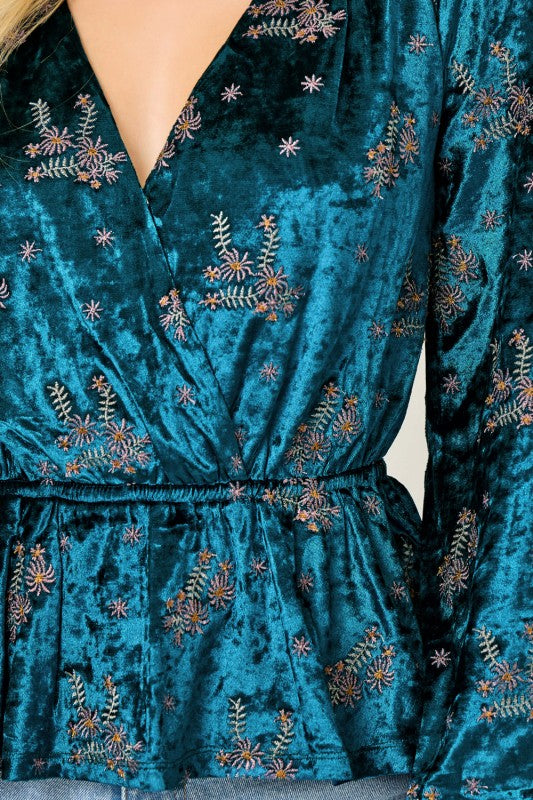 Embroidered Velvet Surplice Blouse