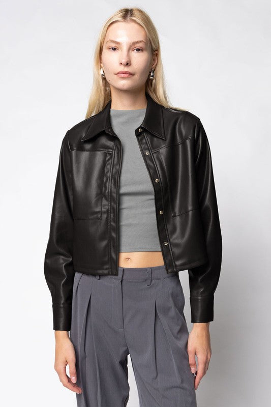 Faux Leather Cropped Jacket - Black