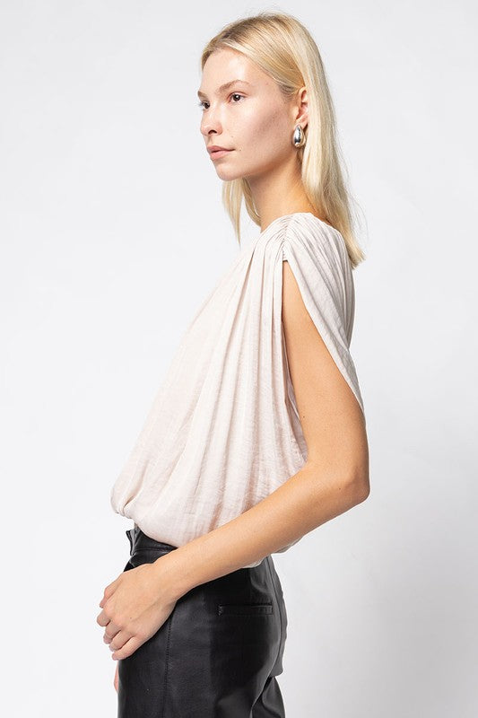Grecian Drape Bubble Blouse - Taupe