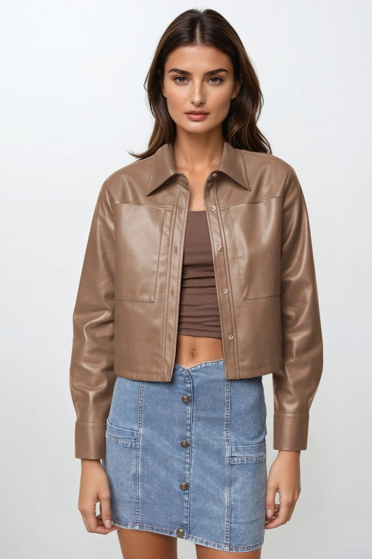 Faux Leather Cropped Jacket - Caramel