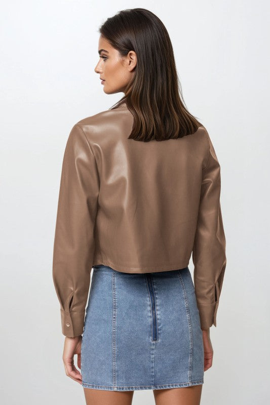 Faux Leather Cropped Jacket - Caramel