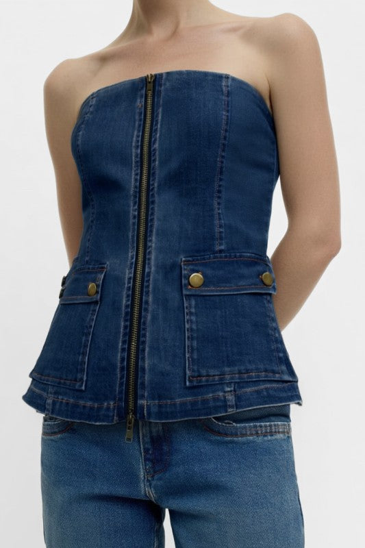 Strapless Denim Zip-front Top