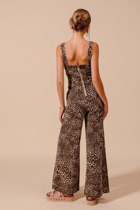 Washed Leopard Denim Wide Leg Jumpsuit