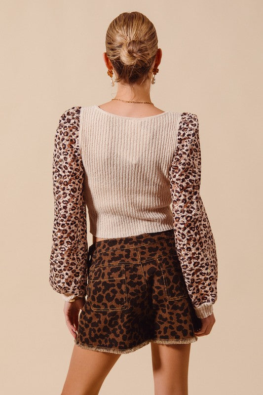 Rib Knit Sweater With Leopard Lace Sleeve