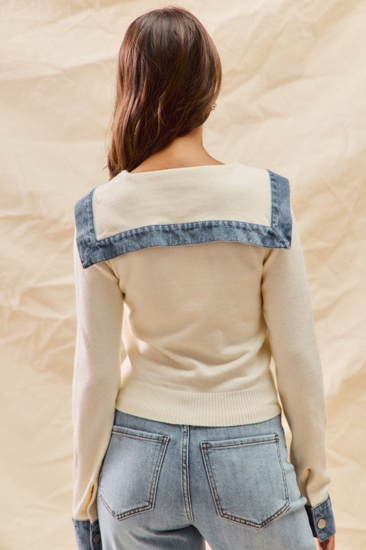 Denim Detail Button Front Sweater