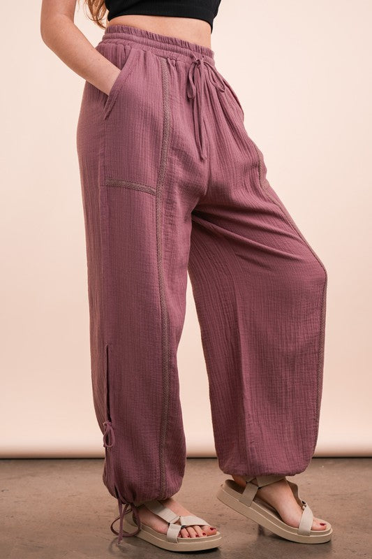 Harem Pants With Tie Detail - MAUVE