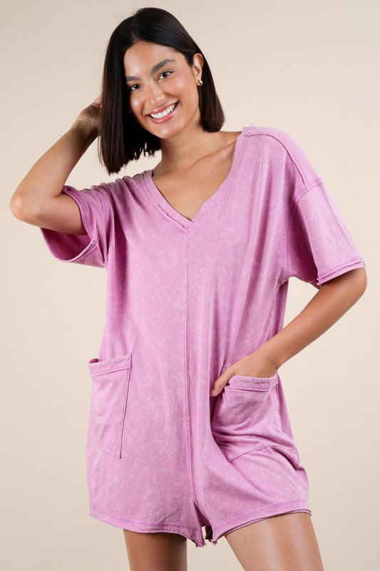 Mineral Washed Oversized Cotton Romper - ORCHID