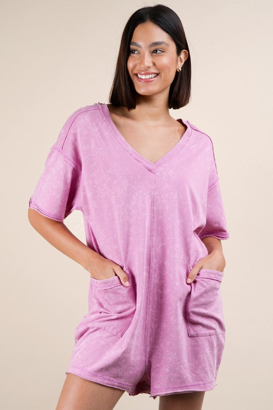 Mineral Washed Oversized Cotton Romper - ORCHID