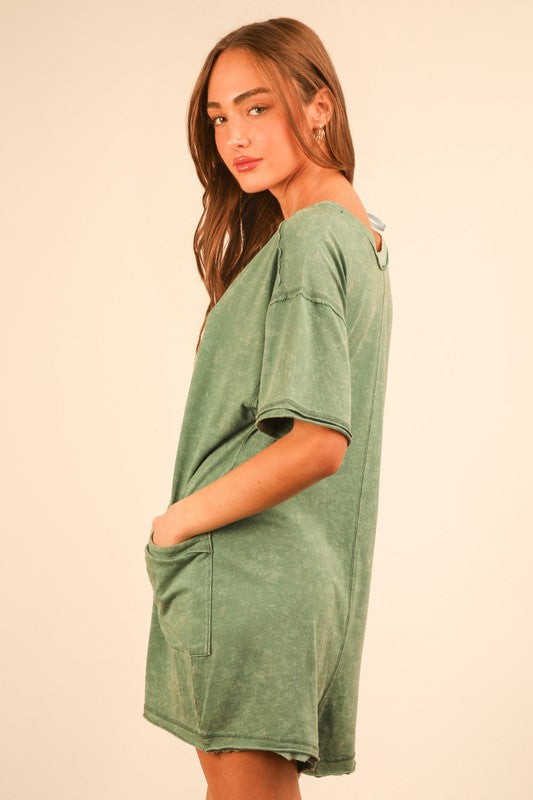 Mineral Washed Oversized Cotton Romper - Sage