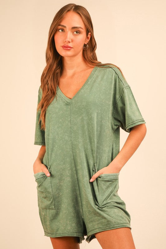 Mineral Washed Oversized Cotton Romper - Sage