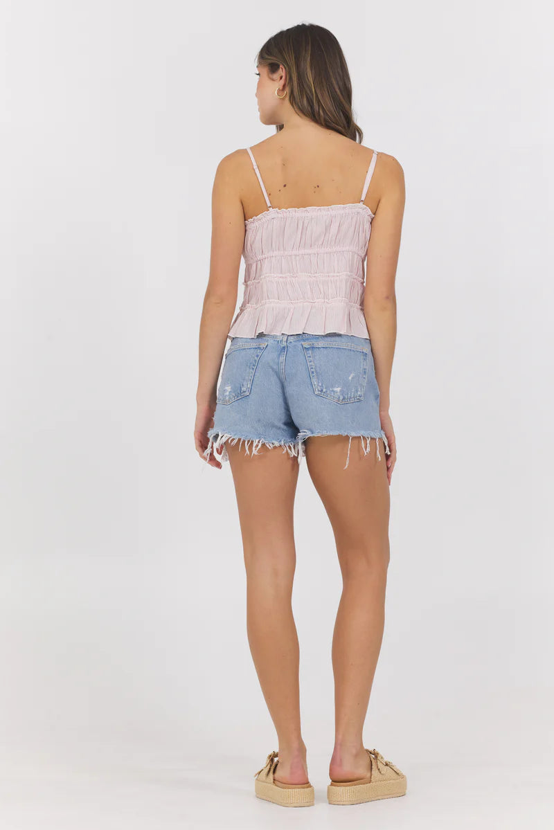 Strawberry Pinstripe Woven Ruffle Top