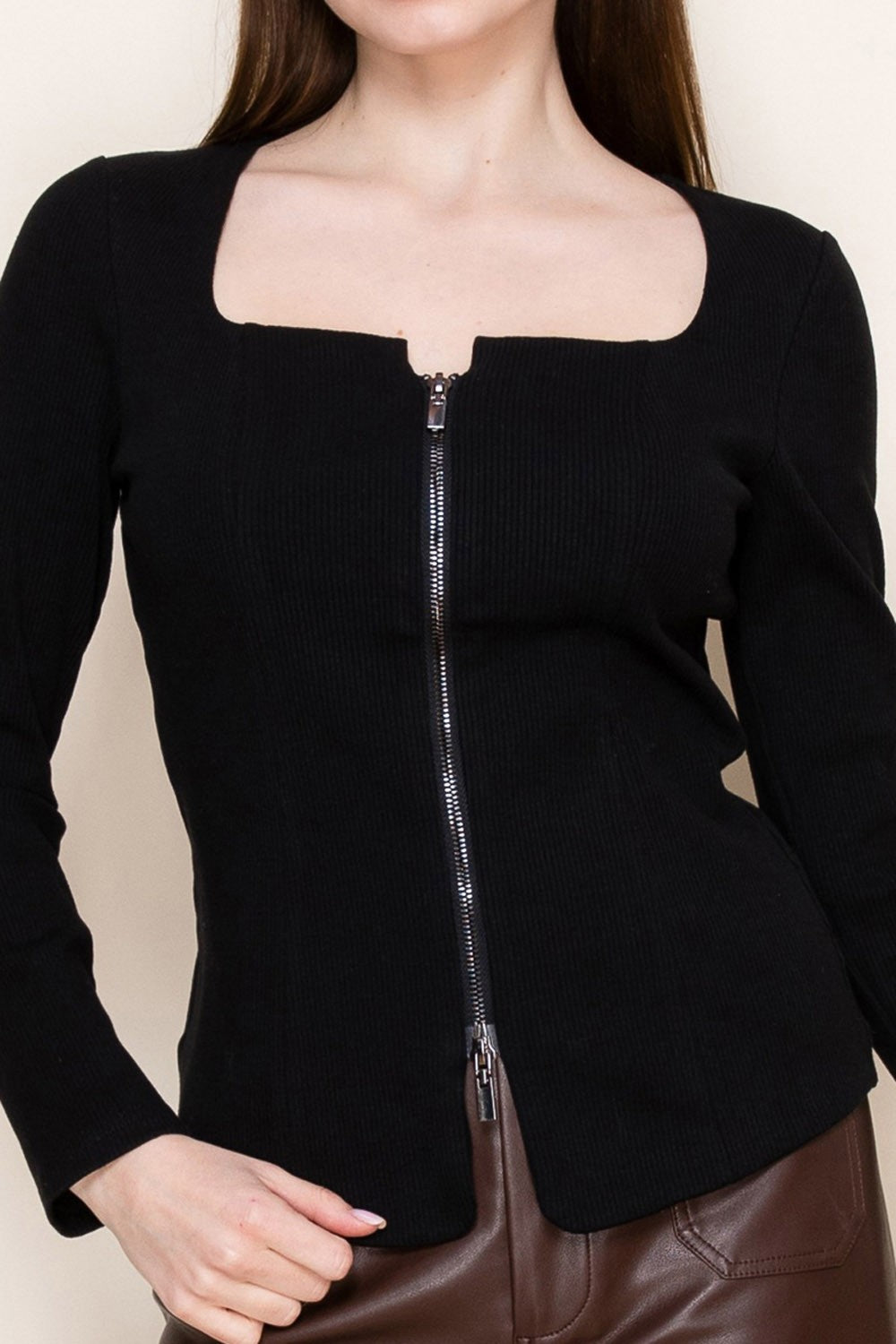 Long Sleeve Zip Front Ribbed Top
