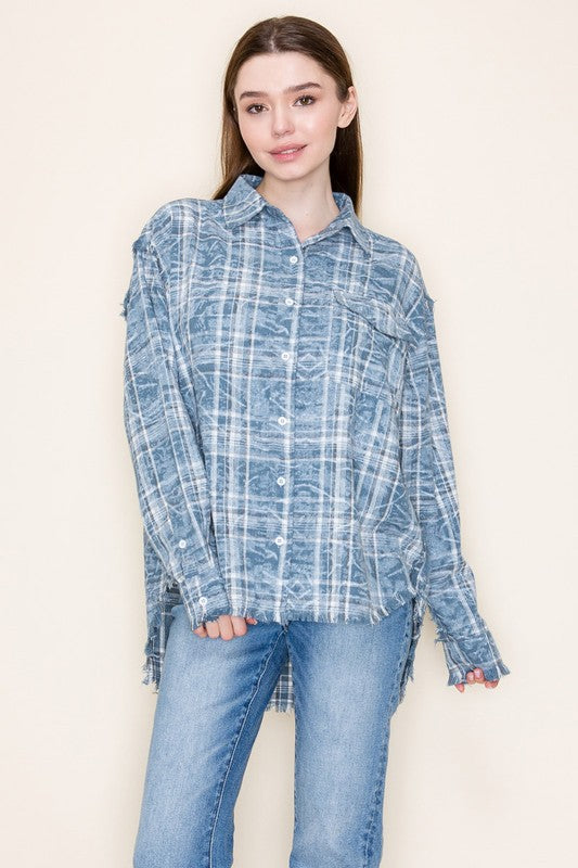 Raw Edge Detail Plaid Top