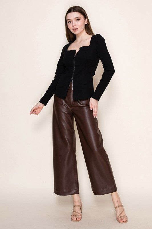 Long Sleeve Zip Front Ribbed Top