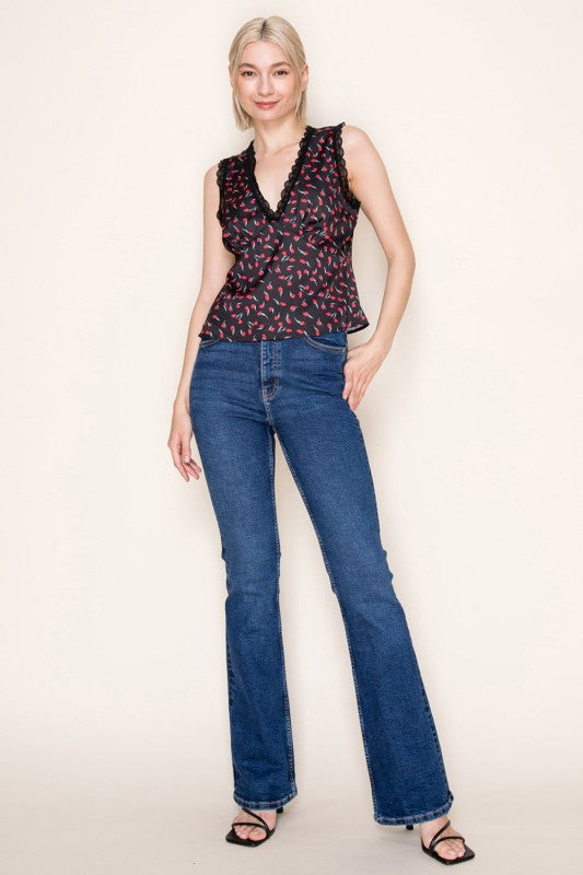 Floral Print Lace Trim Top