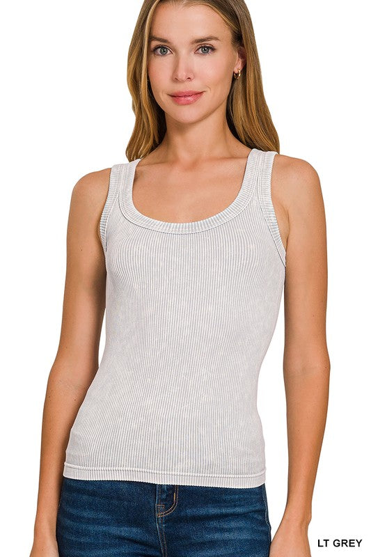 2 Way Neckline Washed Ribbed Seamless Tank Light Grey