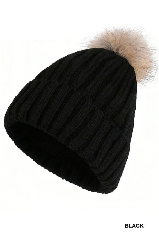 Ribbed Knitted Pom Pom Beanie