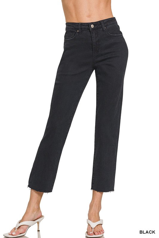 High Waist Cropped Straight Raw Hem Jeans