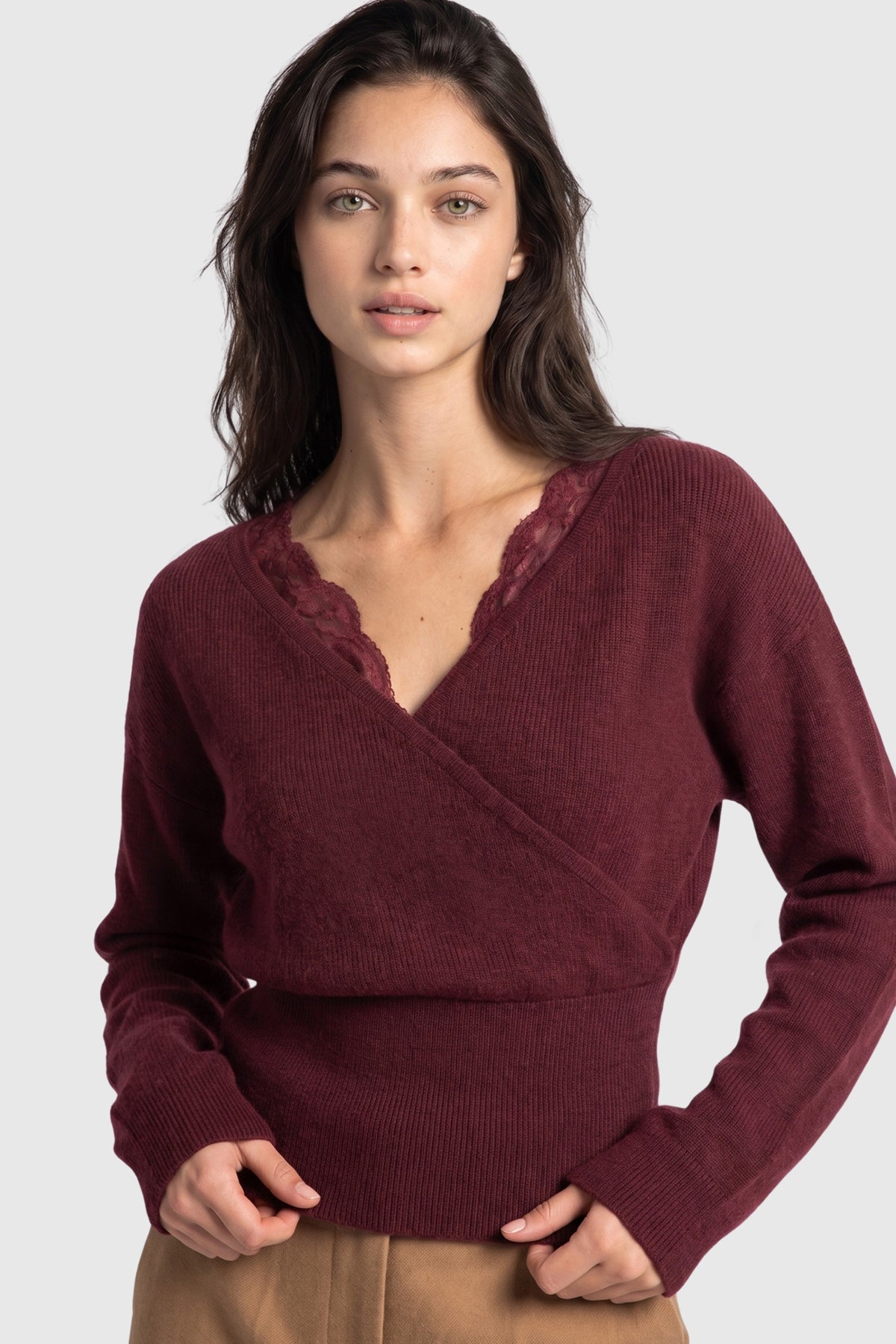 Burgundy Lace Faux Wrap Sweater