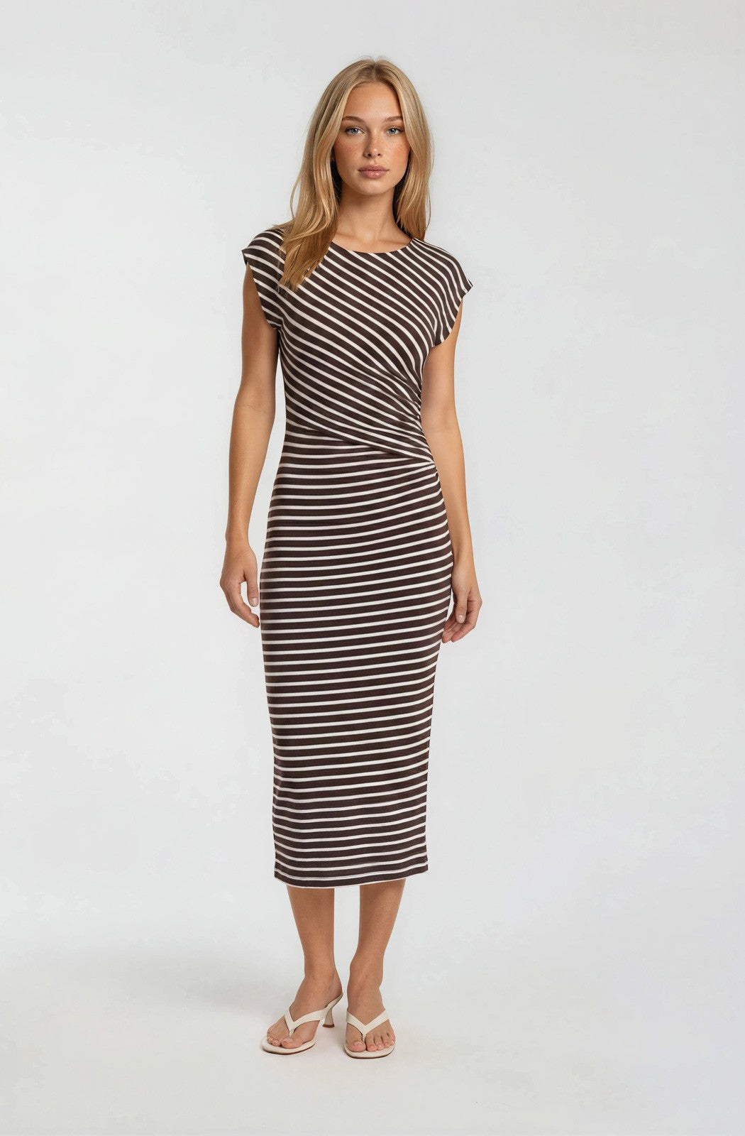 Brown Stripe Cap Sleeve Midi Dress