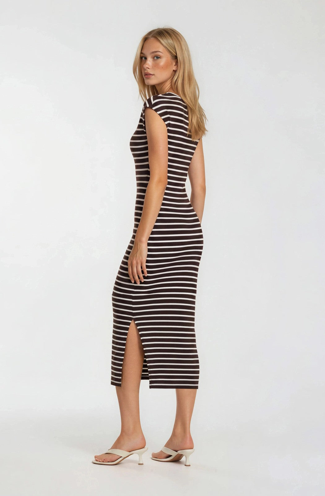 Brown Stripe Cap Sleeve Midi Dress