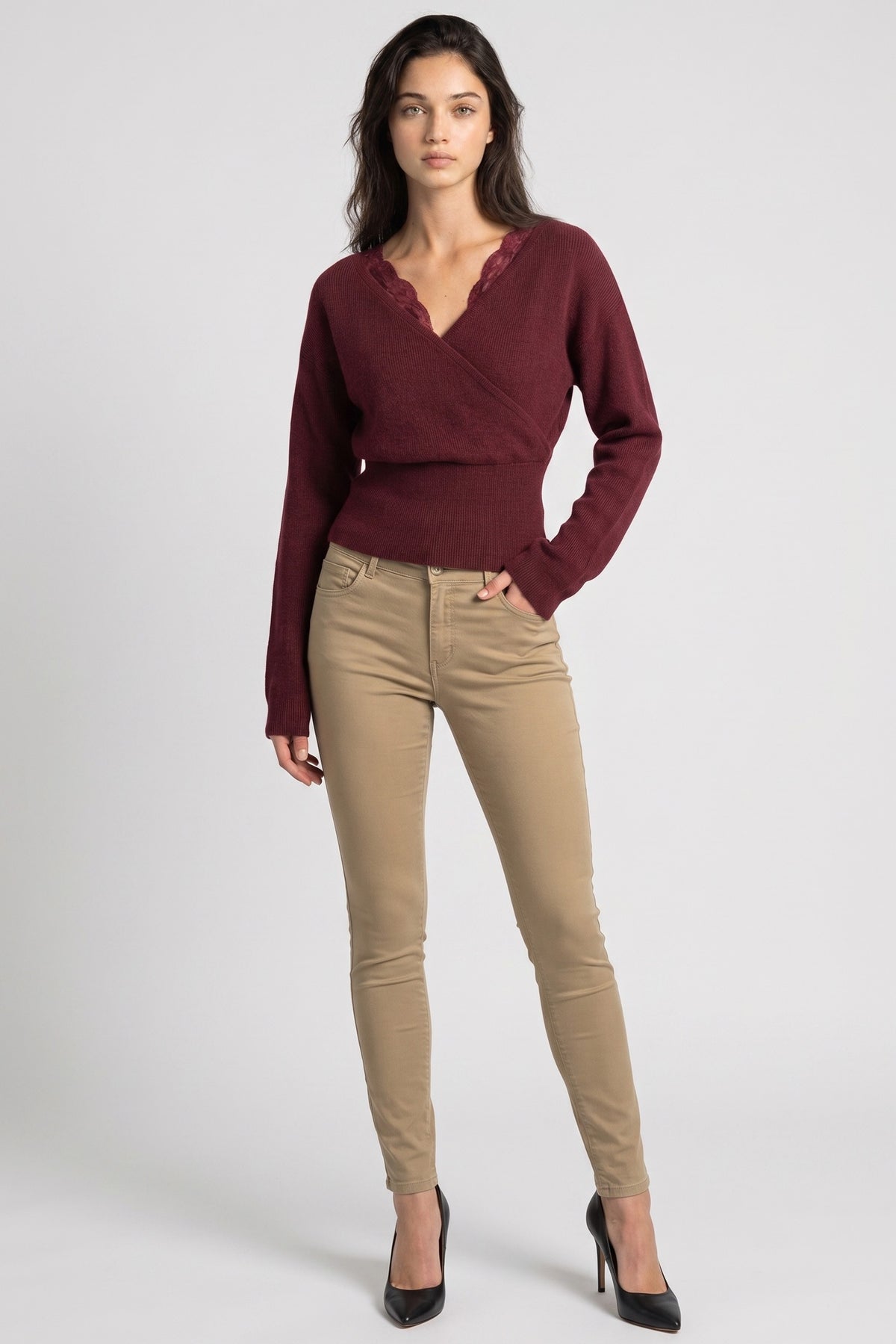 Burgundy Lace Faux Wrap Sweater