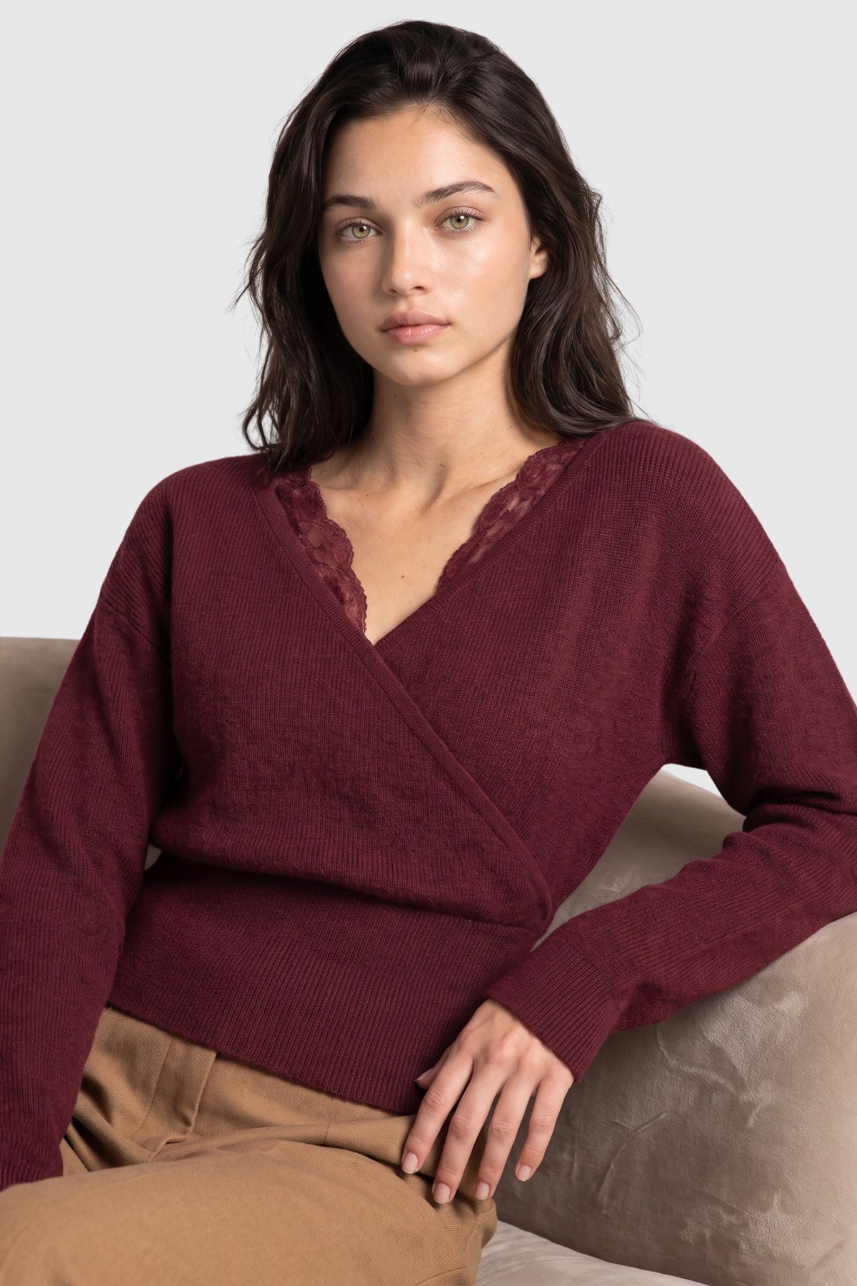 Burgundy Lace Faux Wrap Sweater