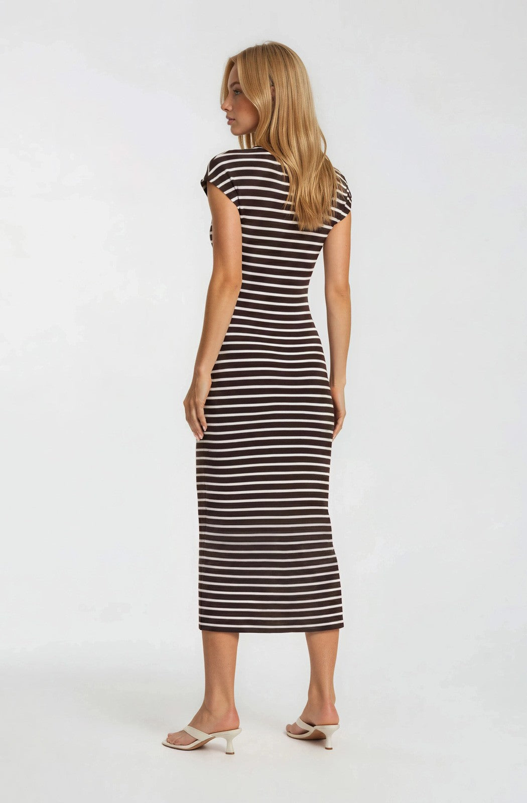 Brown Stripe Cap Sleeve Midi Dress