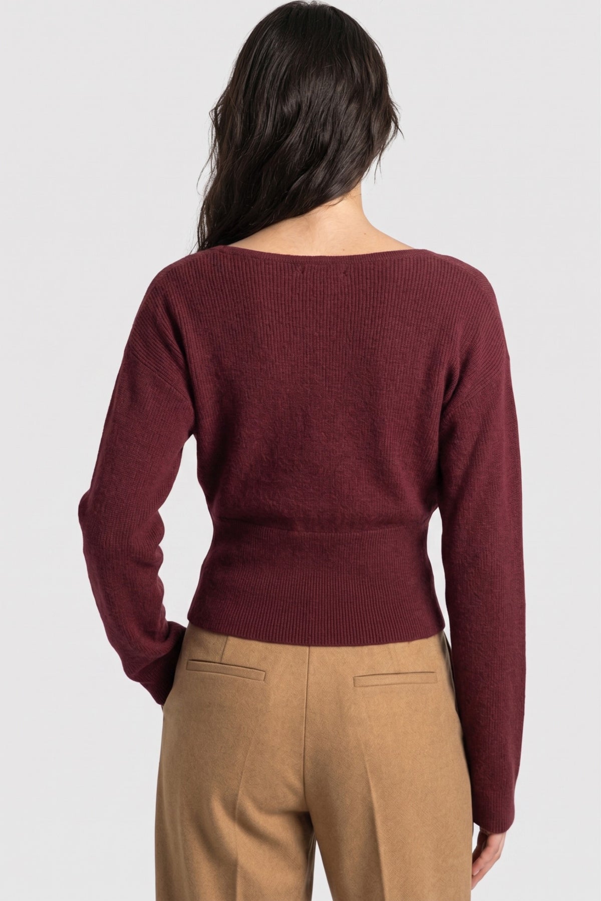 Burgundy Lace Faux Wrap Sweater
