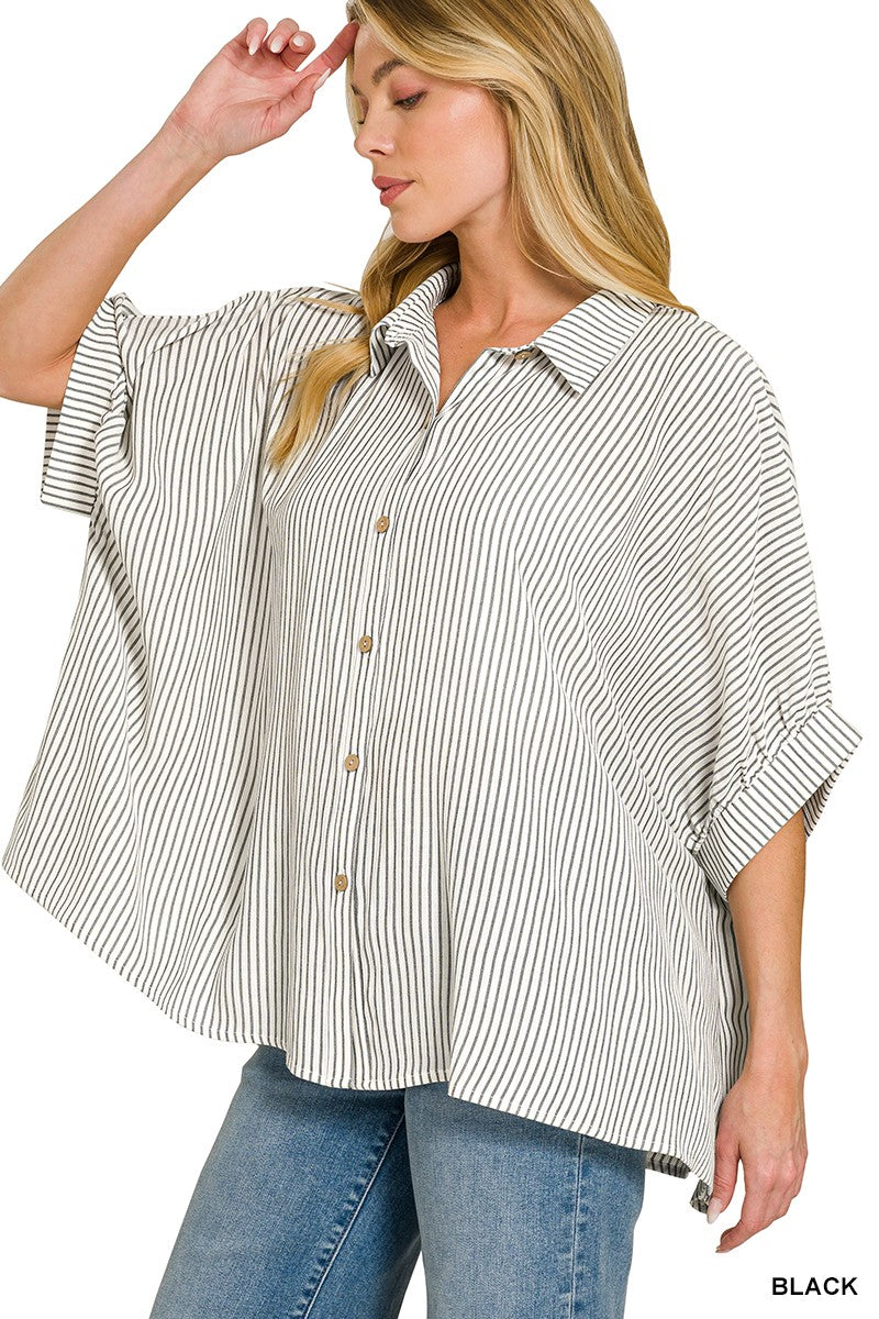 Black Striped Boxy Button Down Top