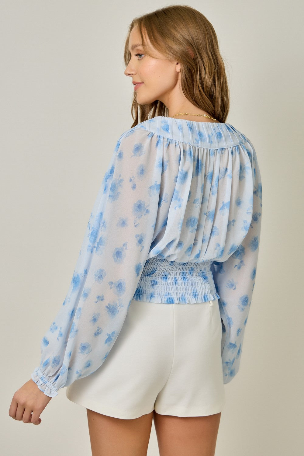 Baby Blue Floral Puff Sleeve Blouse