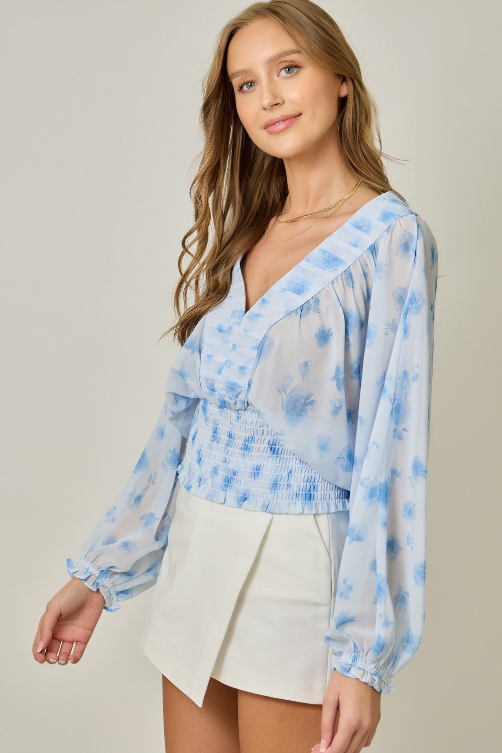 Baby Blue Floral Puff Sleeve Blouse