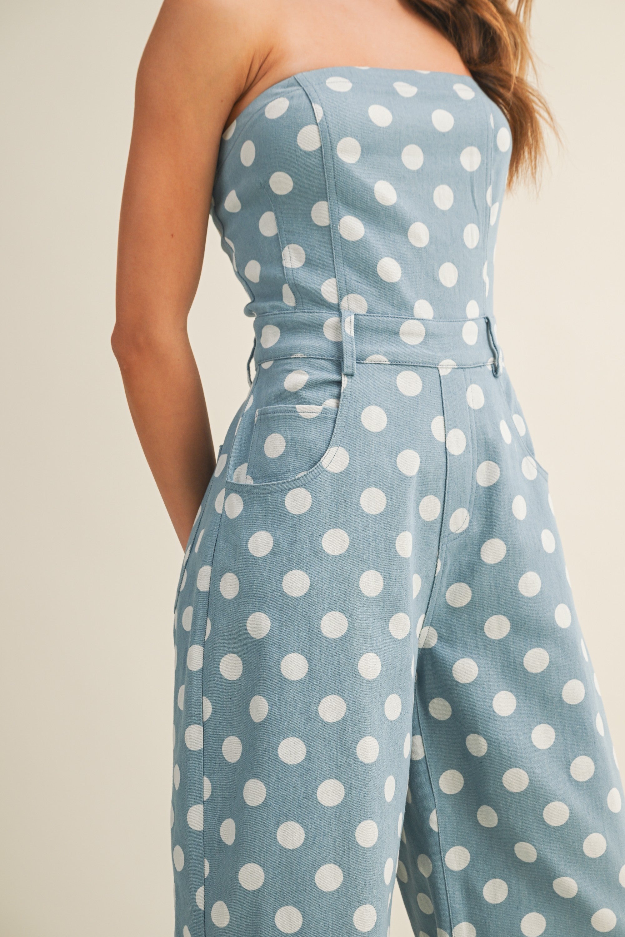 Retro Polka Strapless Jumpsuit With Pockets